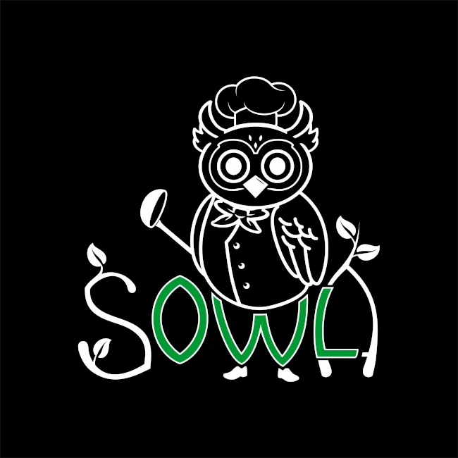 A stylized owl wearing a chef hat and vest stands above the word "SOWL," with leaves sprouting from the letters, on a black background.