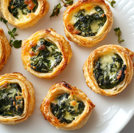 Small puff pastry tarts filled with spinach and cheese are arranged on a white plate, garnished with sprigs of herbs.